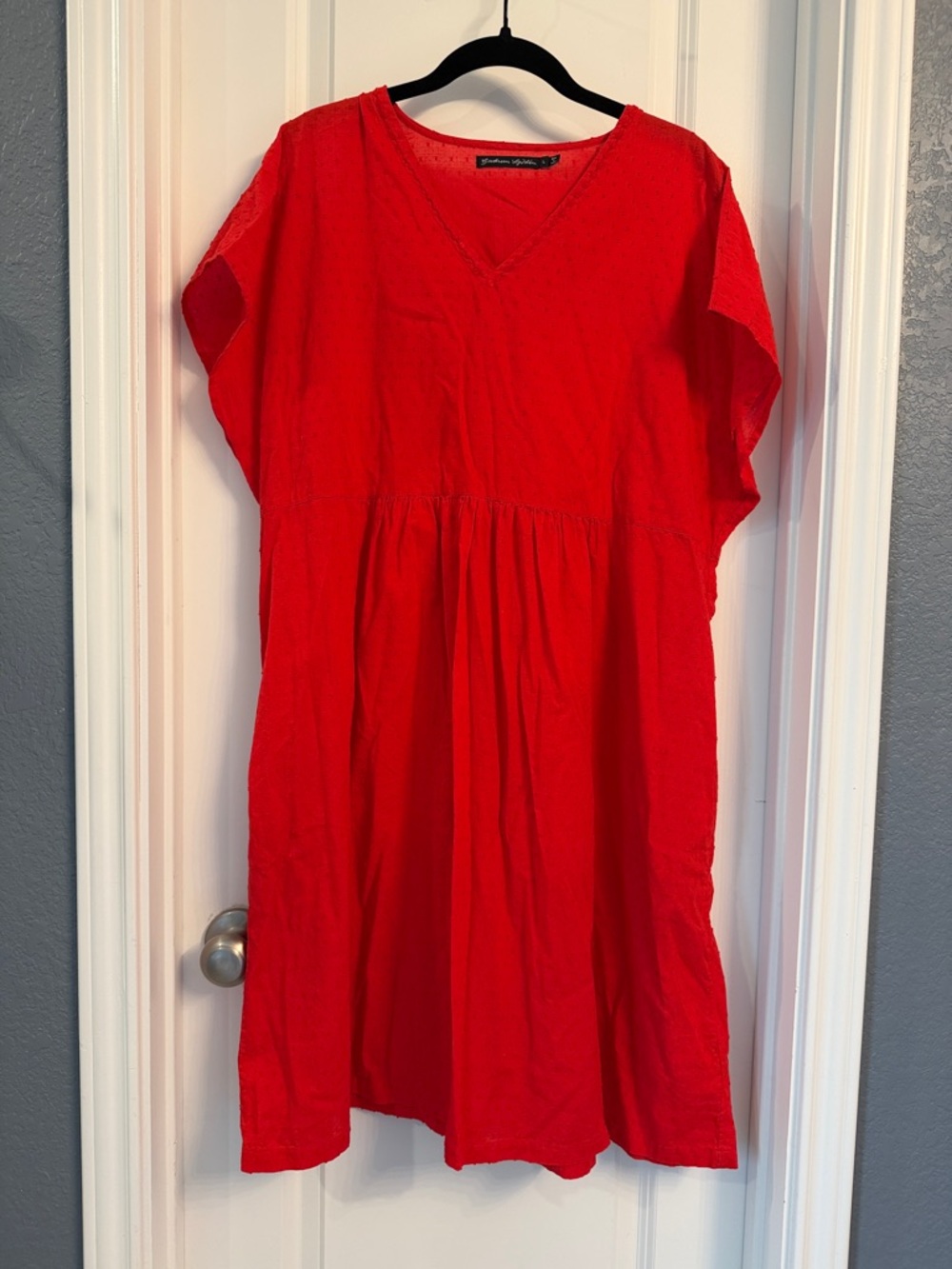 Bright Red V-Neck Swiss Dot Dress